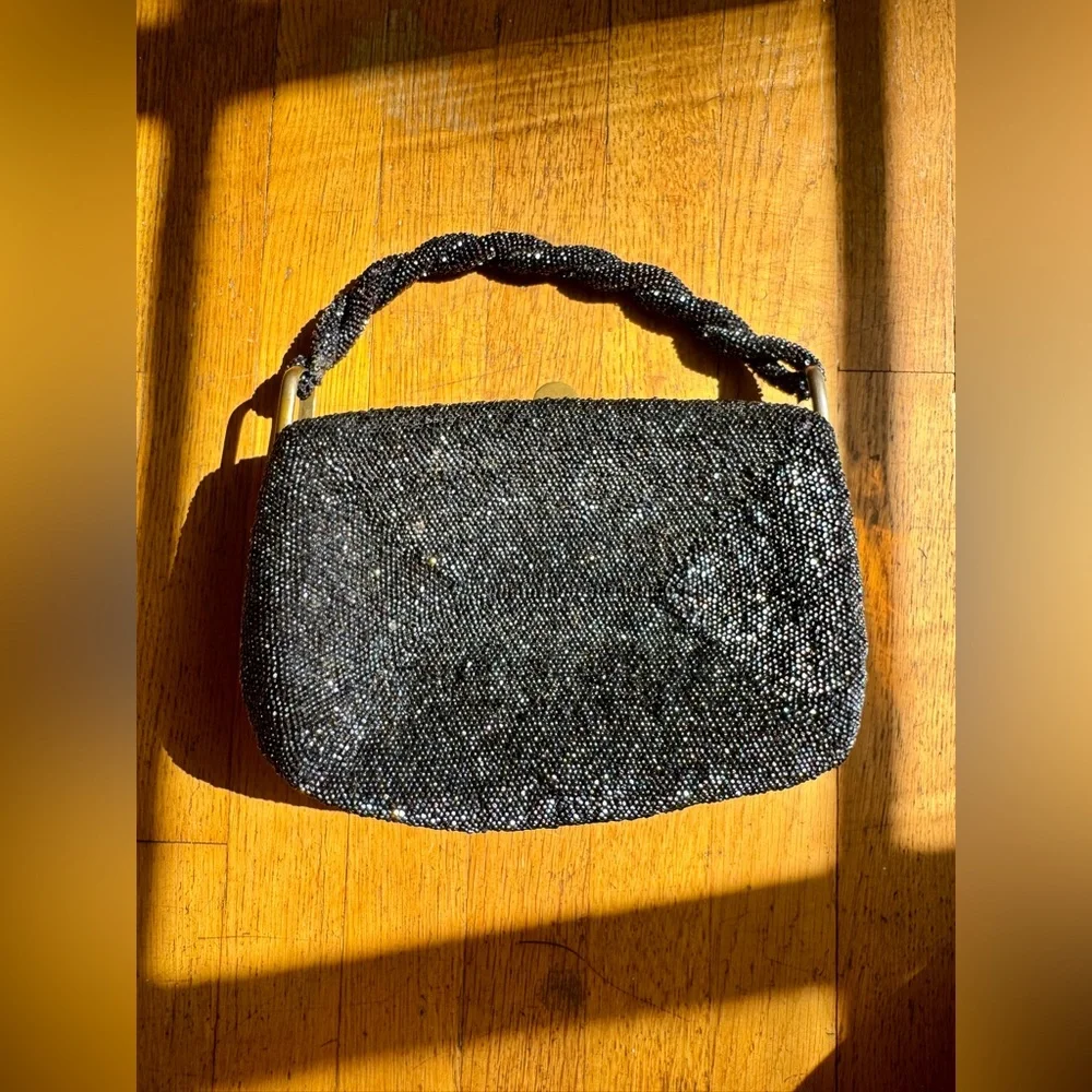40s Vintage Navy Blue/ Black Carnival Glass Beaded Bag - Picture 1 of 13